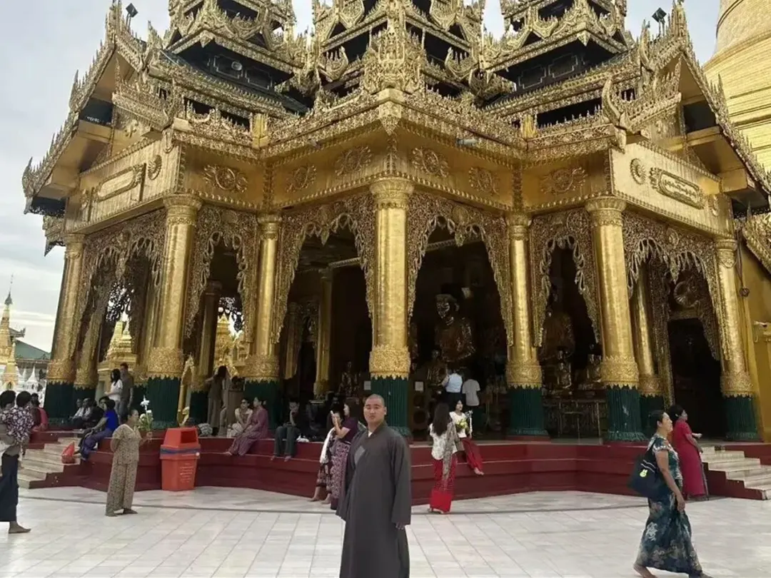 Shaolin Zhongwu master at a golden Buddhist hall in Yangon Myanmar